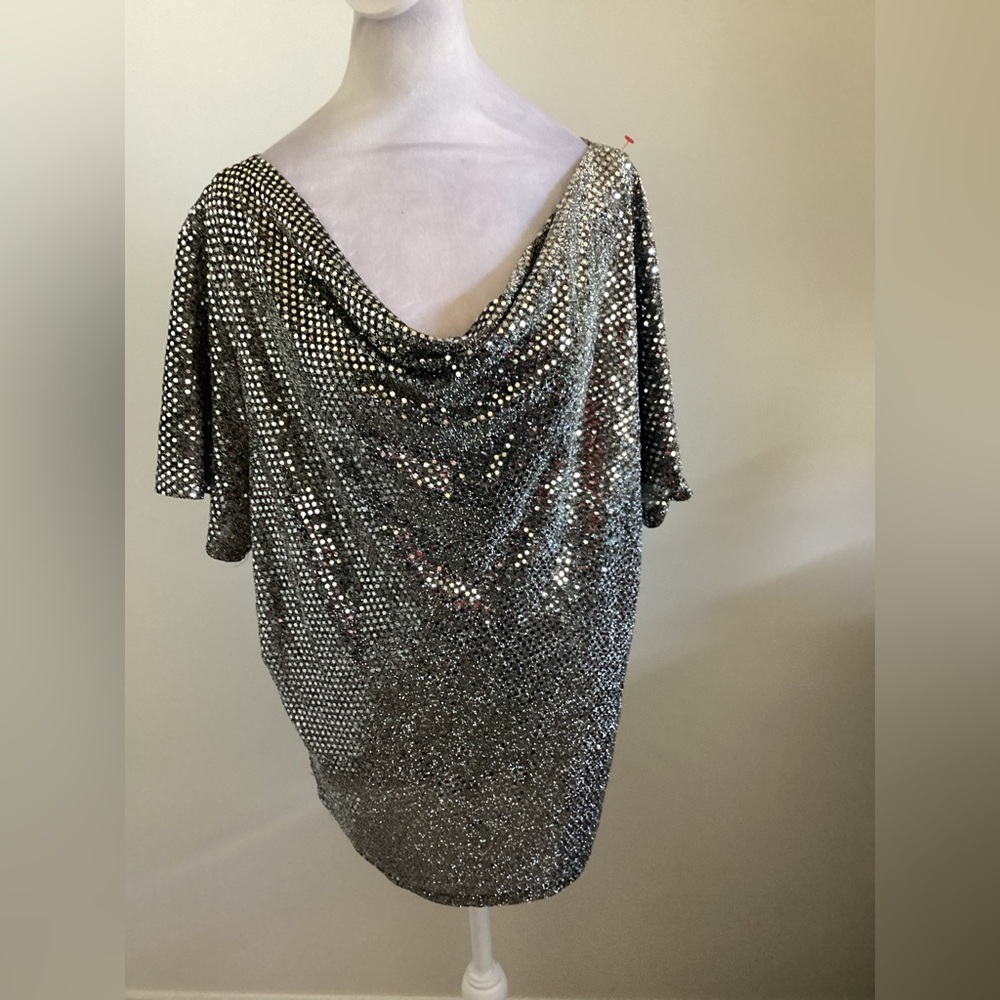 Silver Sequin Cowl Neck Top ( Size: 1X)
